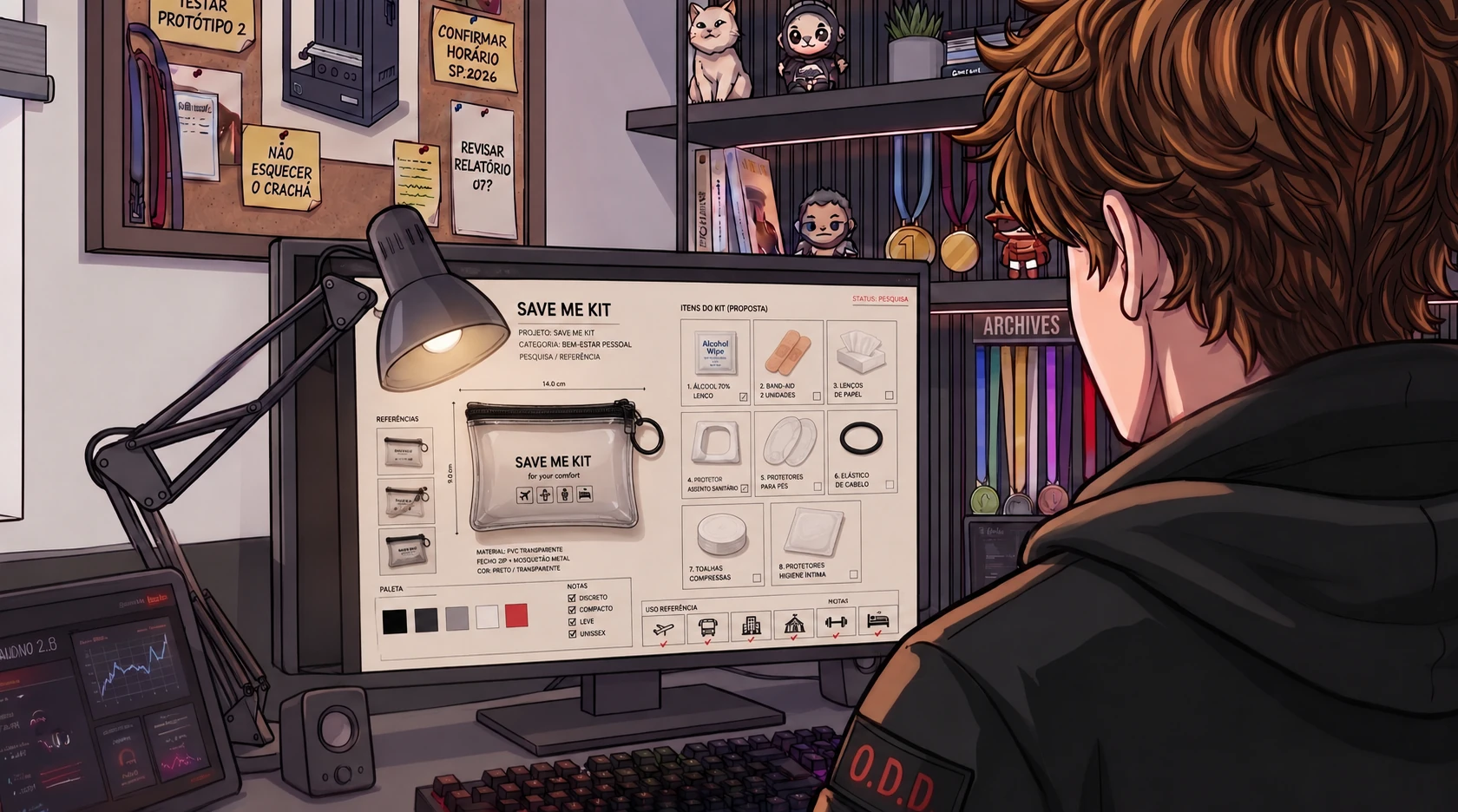 Daniel pesquisando referências e organizando os itens do Save Me Kit em seu quarto