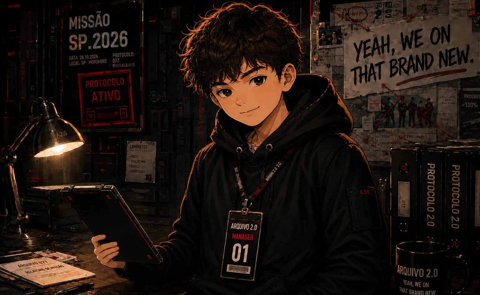 Daniel no quarto-arquivo com o painel da Missão SP.2026 ao fundo