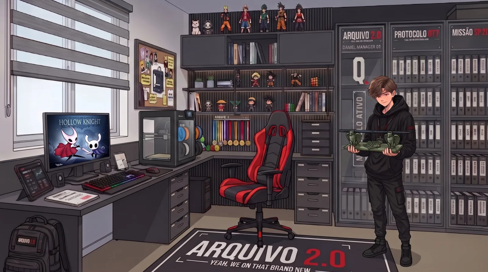 Daniel no quarto-arquivo segurando uma peça impressa em 3D, com a impressora e as pastas do Arquivo ao fundo