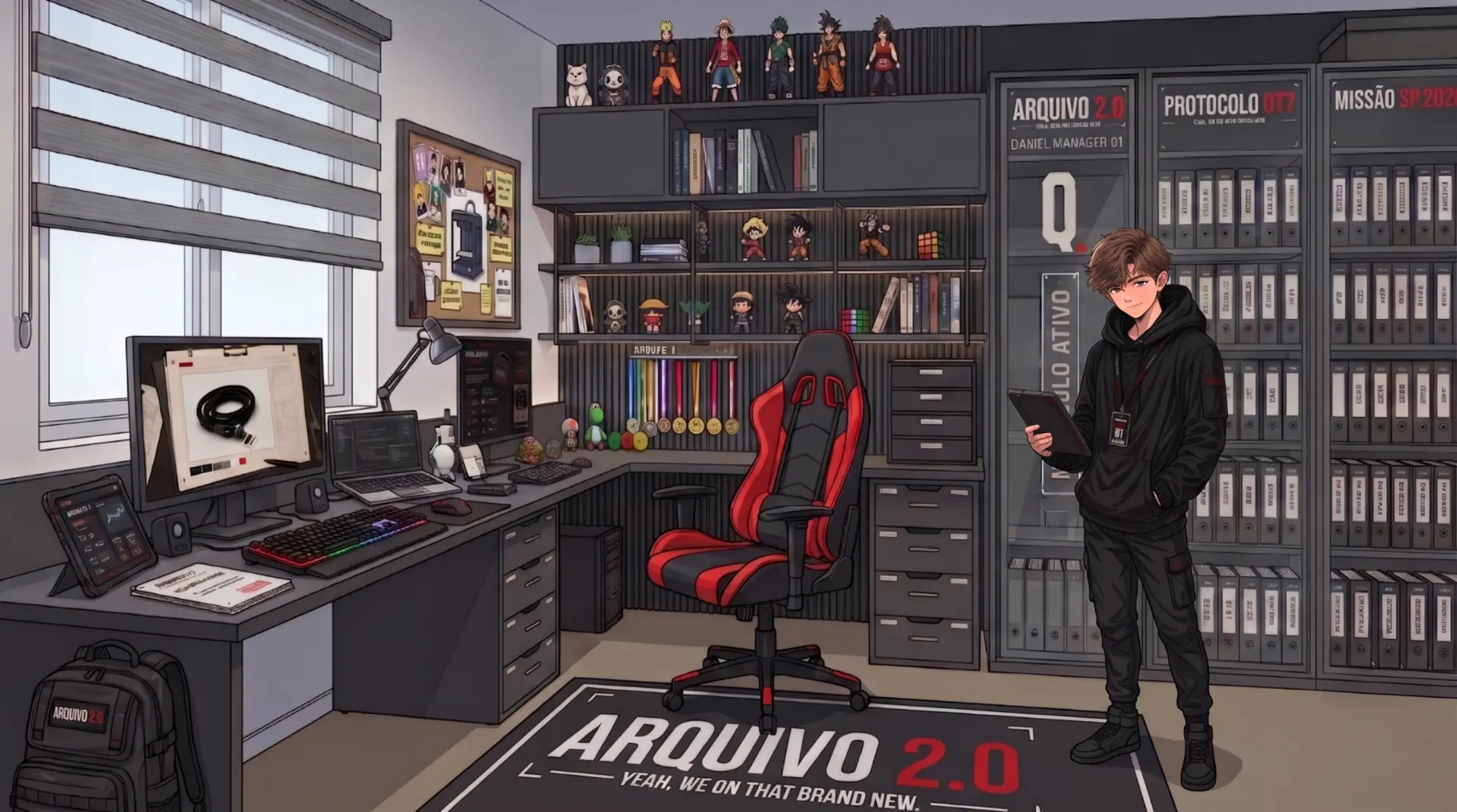 O quarto-arquivo de Daniel, cheio de livros, cubos, pastas e objetos de pesquisa